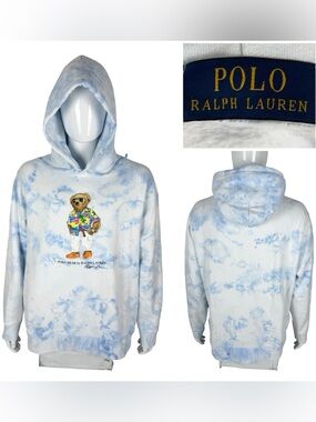 Polo Ralph Lauren Mens 2XL Hoodie White Tie Dye Polo Bear Fleece Pullover Blue
